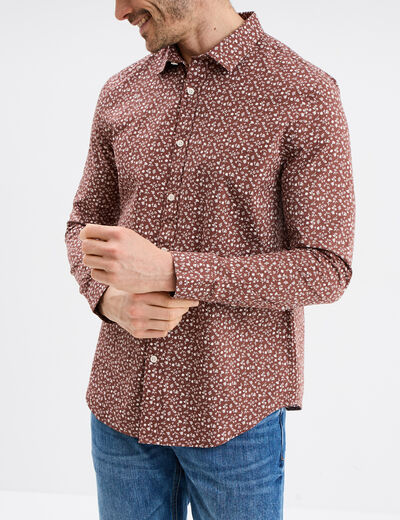 Chemise droite imprimée manches longues marron homme