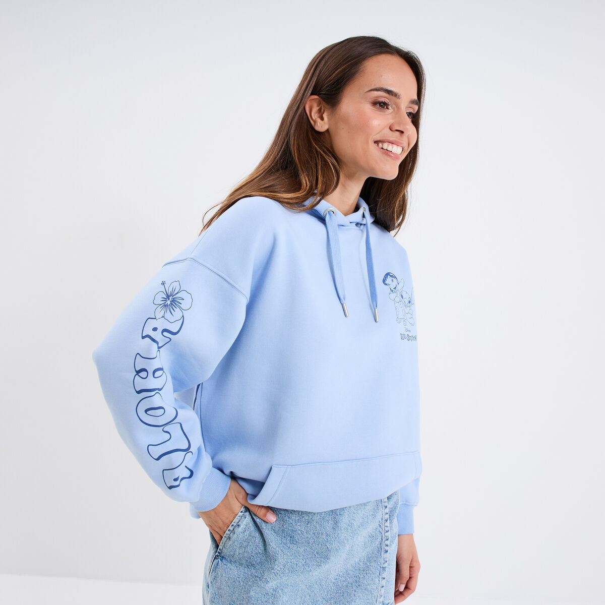 Sweat hoodie &agrave; capuche Stitch Lilo bleu ciel femme