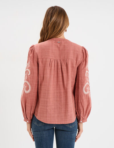 Blouse col tunisien manches brodées vieux rose femme