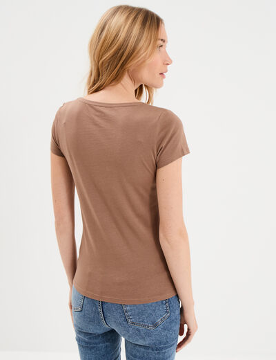 T-shirt coton col rond manches courtes marron clair femme