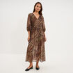 Robe longue fluide manches 3/4 col en V vert kaki femme