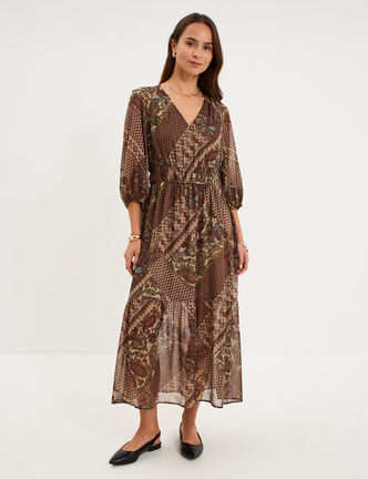 Robe longue fluide manches 3/4 col en V vert kaki femme