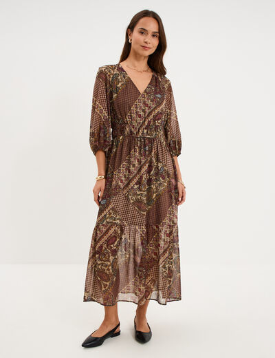 Robe longue fluide manches 3/4 col en V vert kaki femme