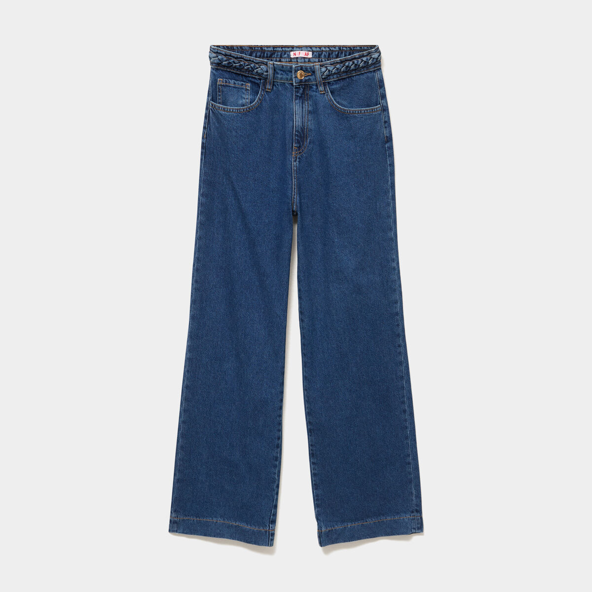 Jean large taille haute ceinture tress&eacute;e denim stone femme
