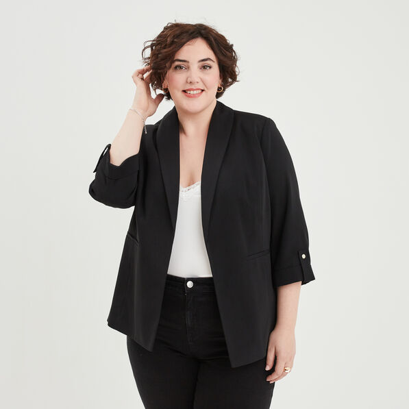 Veste droite manches 3/4 à revers noir femme grande taille