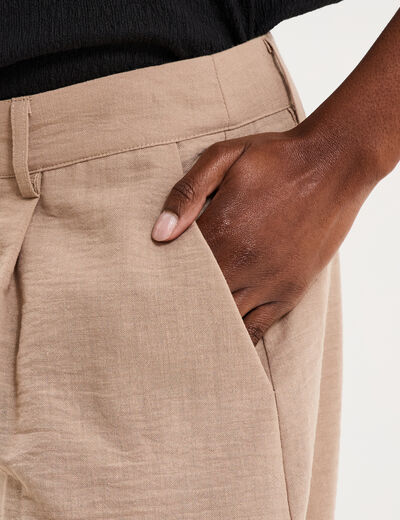 Pantalon large &agrave; pinces taille haute marron femme