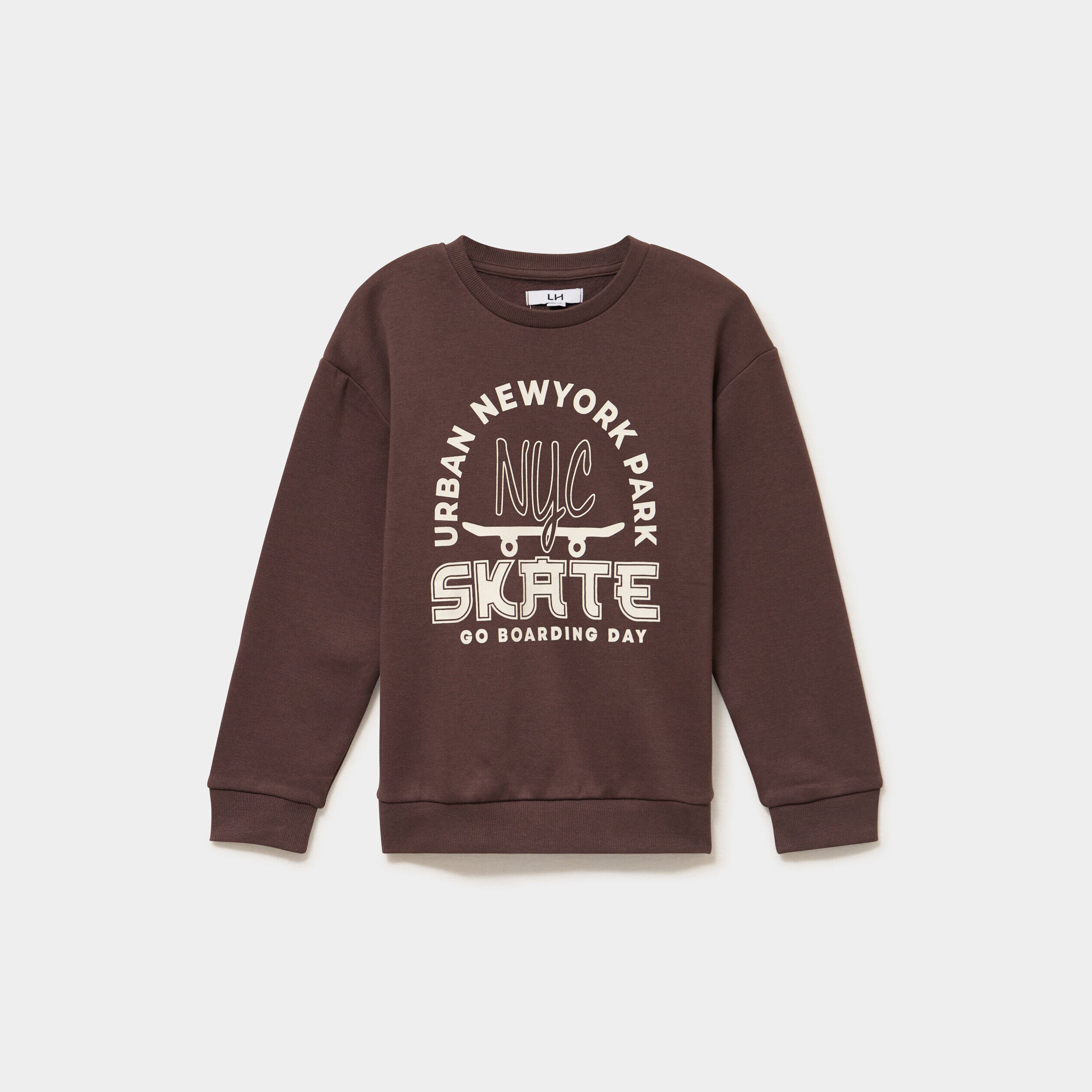 Sweat oversize col rond manches longues marron foncé garçon LH