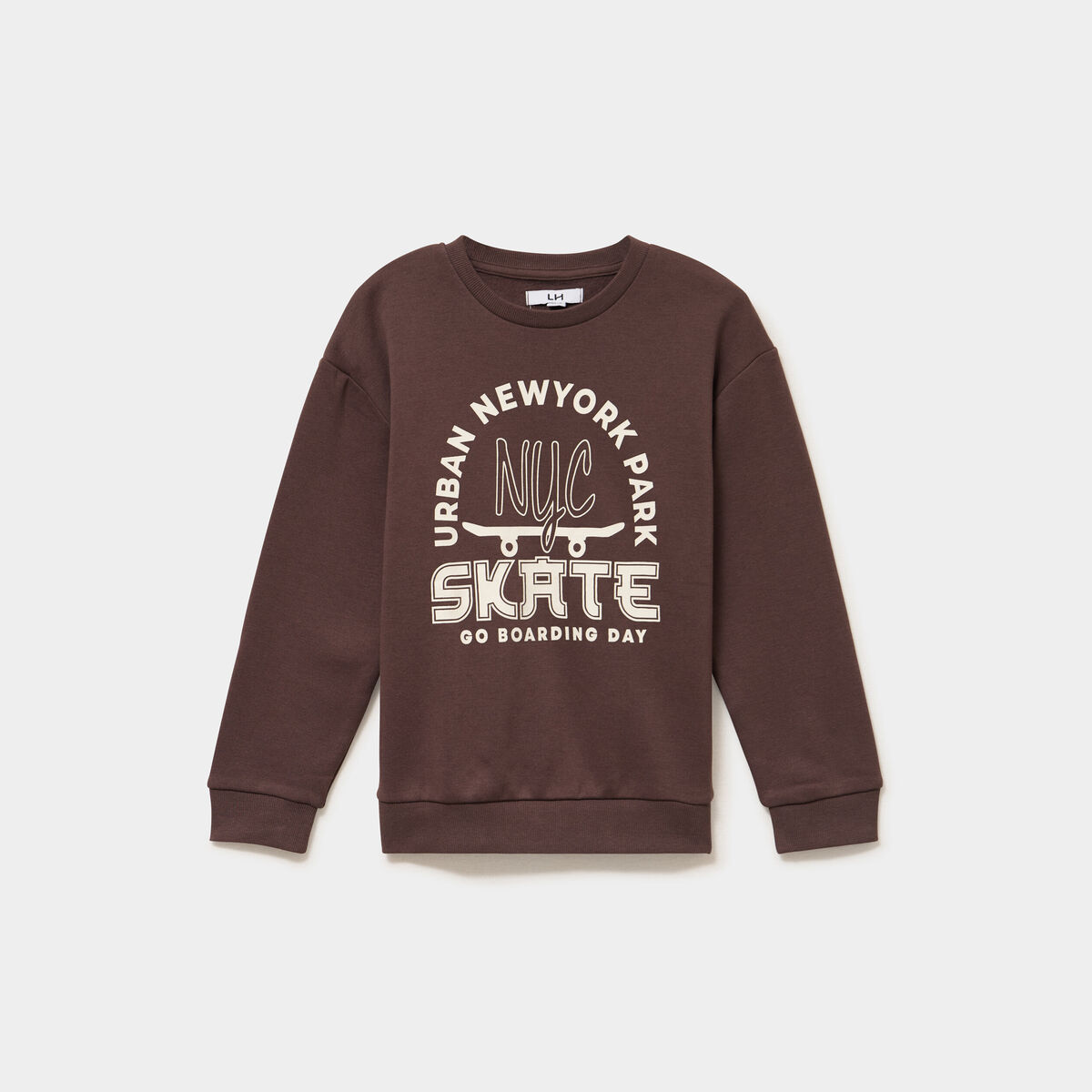 Sweat oversize col rond manches longues marron fonc&eacute; gar&ccedil;on