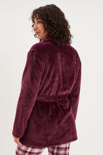 Peignoir mi-long effet polaire ceintur&eacute; prune femme