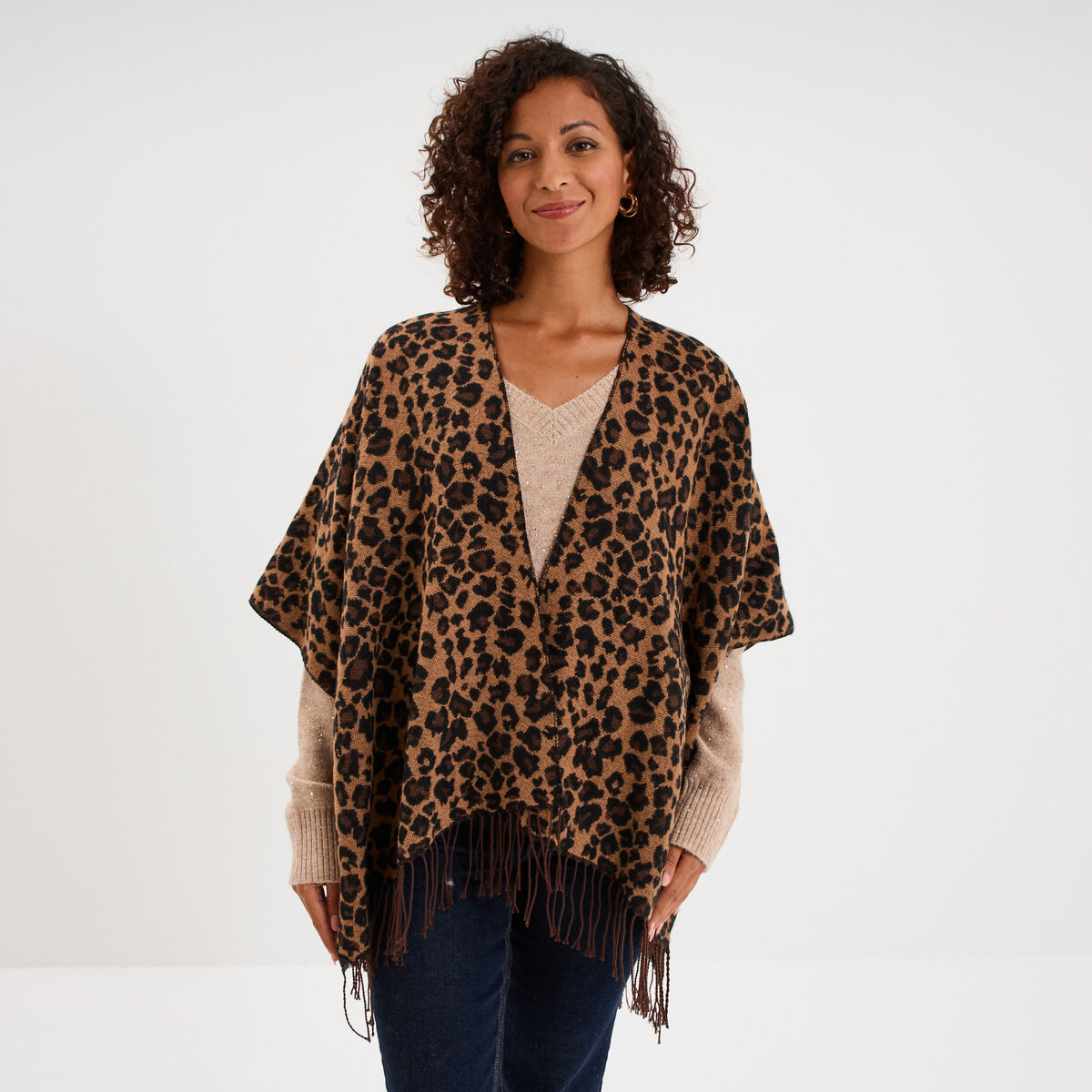 Poncho long &agrave; franges camel femme