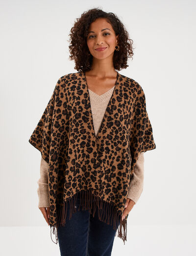 Poncho long &agrave; franges camel femme