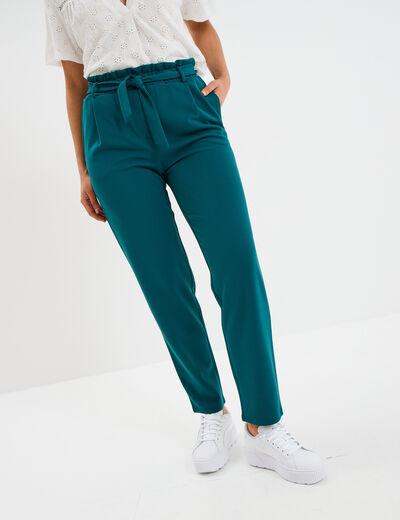 Pantalon city paperbag ceinturé 7/8ème vert foncé femme