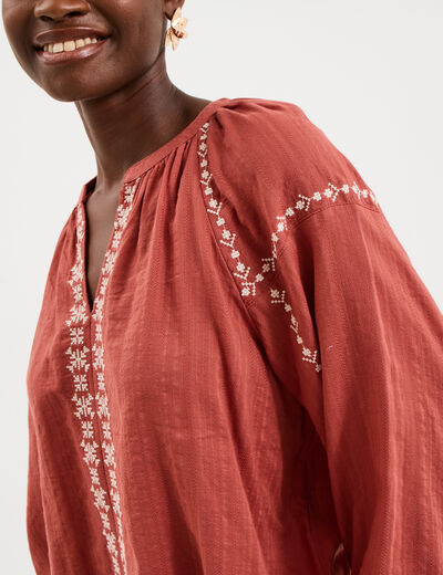 Blouse brod&eacute;e manches longues coton vieux rose femme