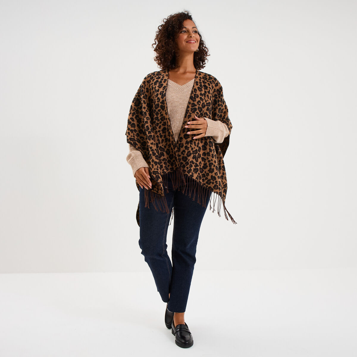 Poncho long &agrave; franges camel femme