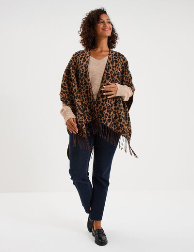 Poncho long &agrave; franges camel femme