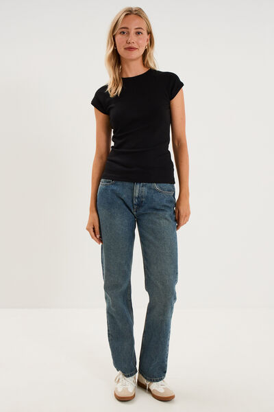 T-shirt ajust&eacute; col rond manches courtes noir femme