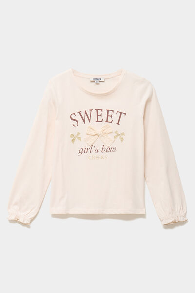 T-shirt poignets &eacute;lastiqu&eacute;s coton beige fille