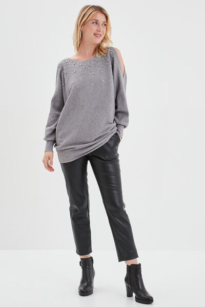 Pull perles et strass au col gris clair femme