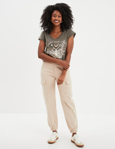 Pantalon cargo taille haute ajustable beige femme