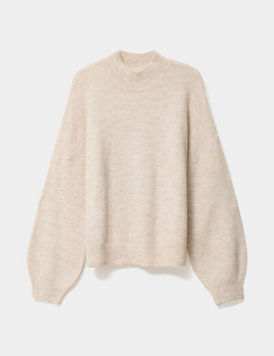 Pull manches bouffantes col montant ecru femme