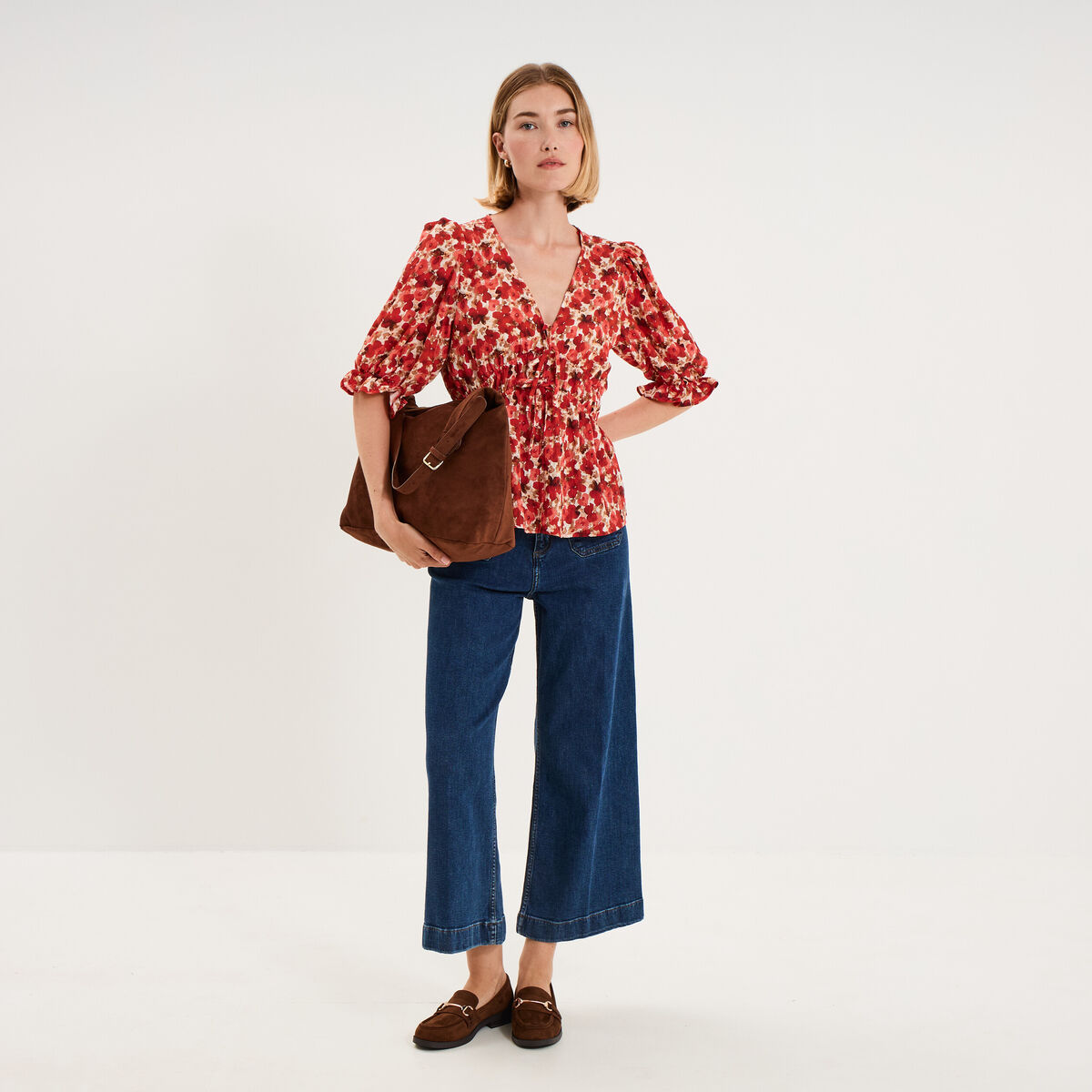 Blouse smok&eacute;e manches 3/4 col V rouge coquelicot femme