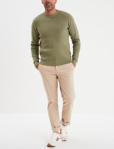 Pull avec col rond à relief vert kaki homme