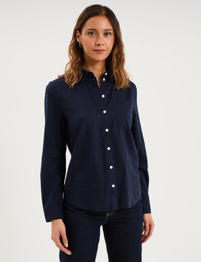 Chemise lin m&eacute;lang&eacute; manches longues bleu fonc&eacute; femme
