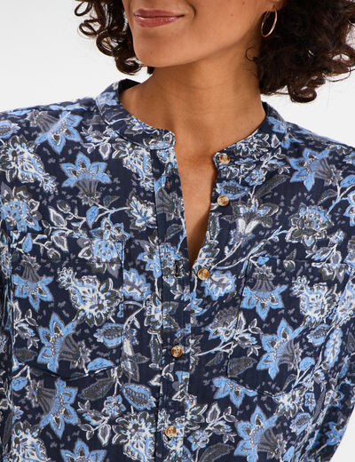 Chemise manches longues col mao bleu marine femme