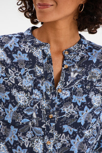 Chemise manches longues col mao bleu marine femme