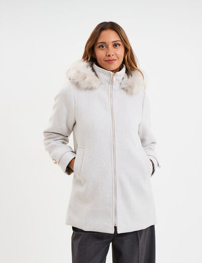 Manteau &agrave; capuche fausse fourrure gris clair femme