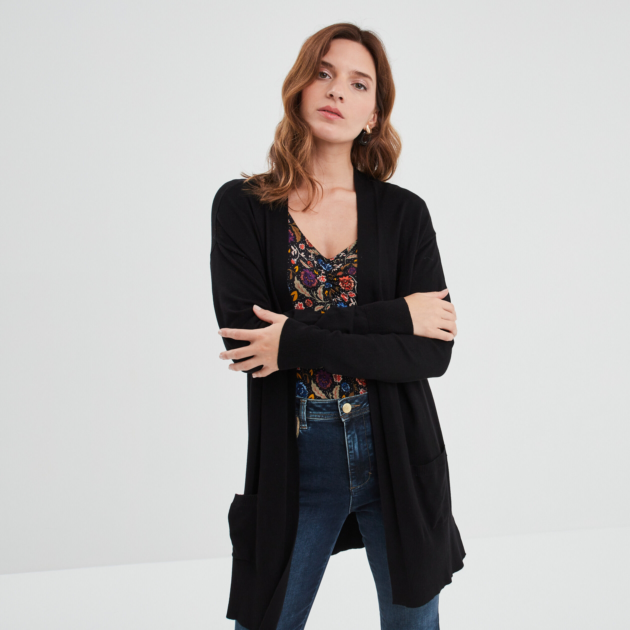 Gilet mi-long manches longues noir femme LH