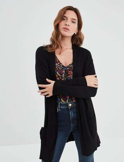 Gilet mi-long manches longues noir femme