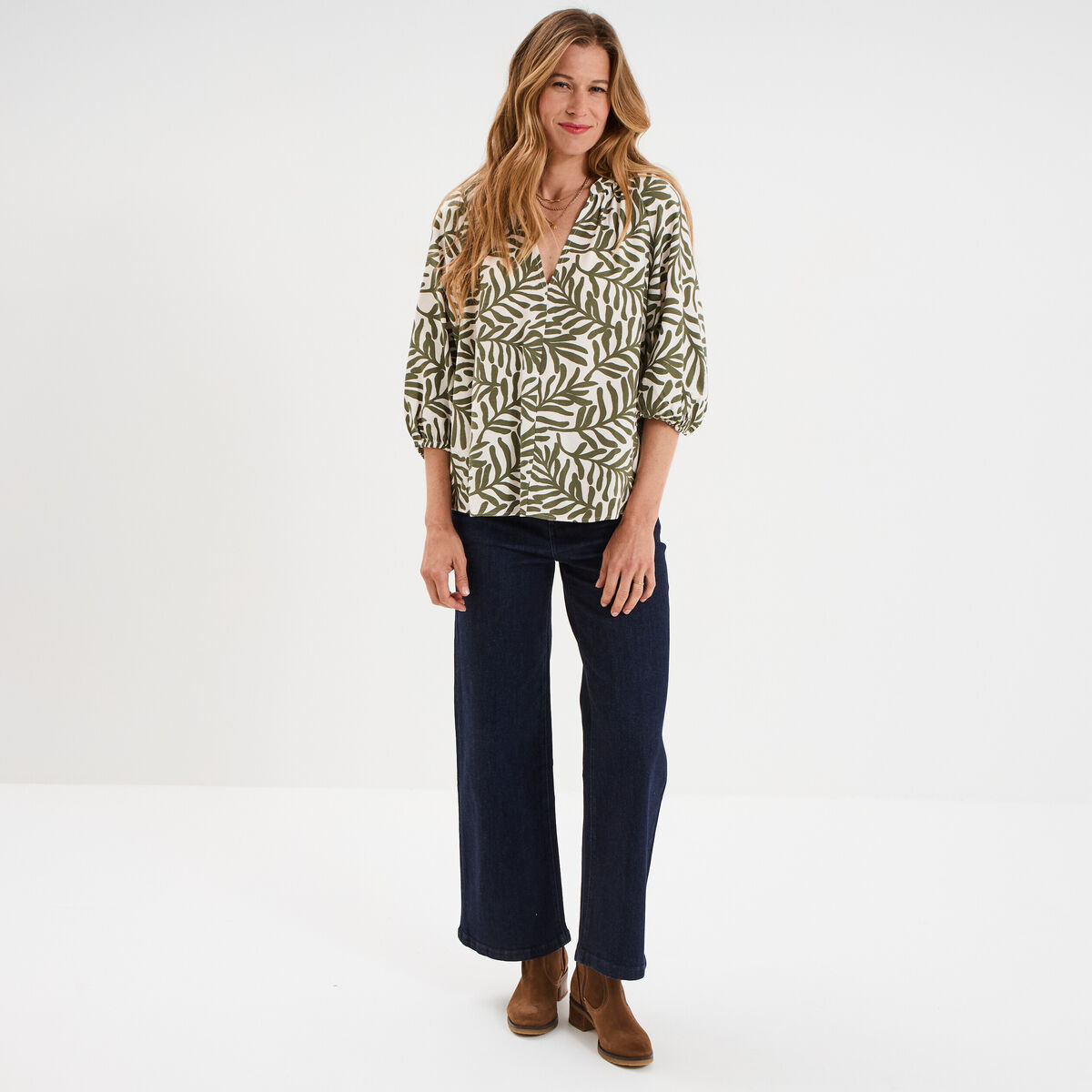 Blouse manches 3/4 ballons col tunisien blanc femme