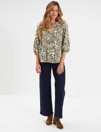 Blouse manches 3/4 ballons col tunisien blanc femme