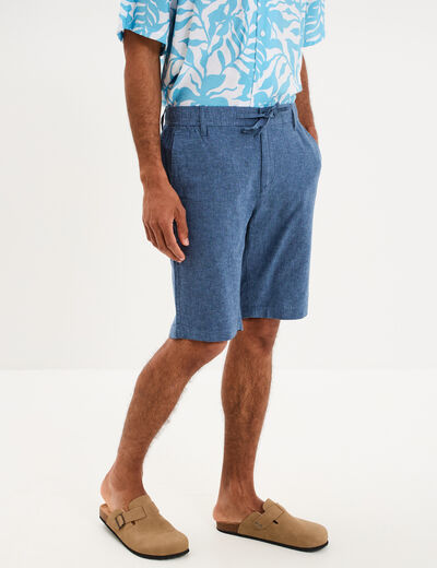 Bermuda chino &agrave; coulisse lin m&eacute;lang&eacute; bleu homme