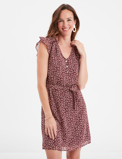 Robe col V plumetis droite ceinturée bordeaux femme