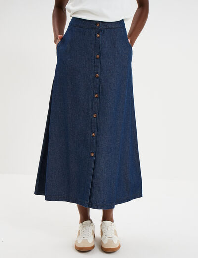 Jupe longue en jean boutonn&eacute;e coton denim brut femme