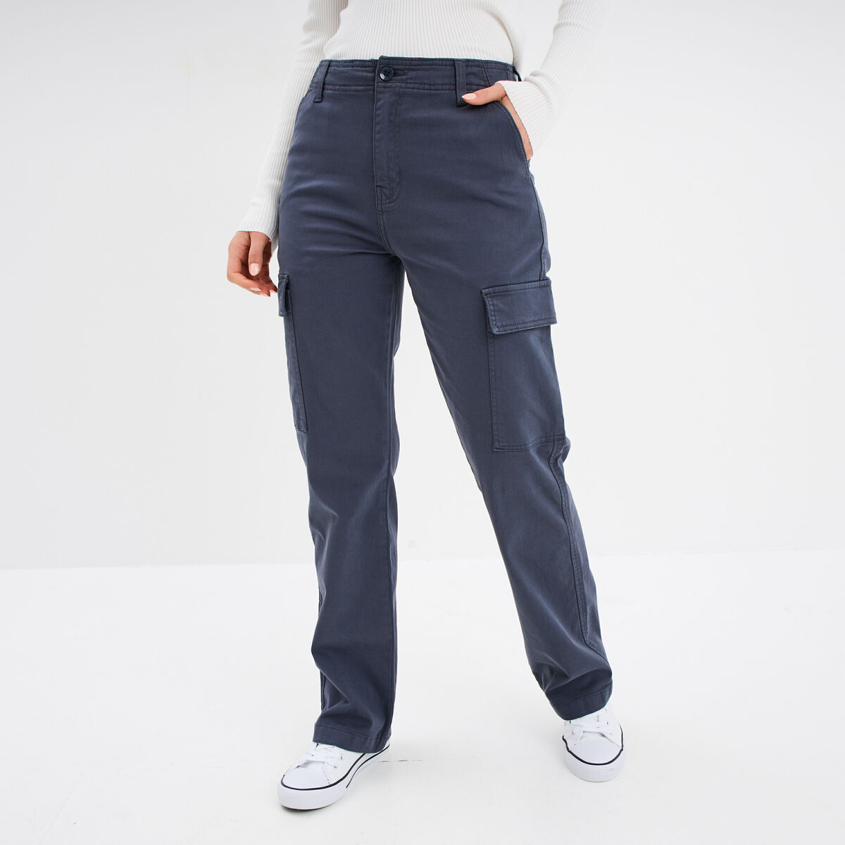 Pantalon cargo droit bleu gris femme