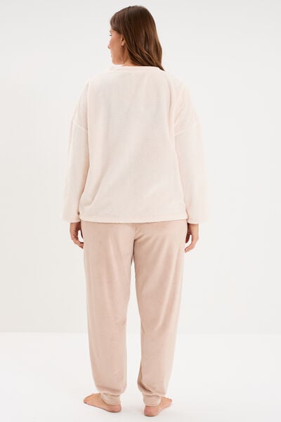 Ensemble pyjama effet velours 2 pi&egrave;ces creme femme grande taille