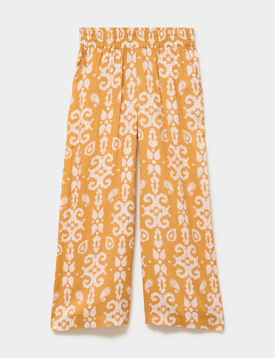 Pantalon fluide large taille &eacute;lastiqu&eacute;e jaune ocre femme