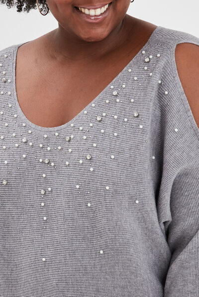Pull perles strass manches avec fentes gris femme grande taille