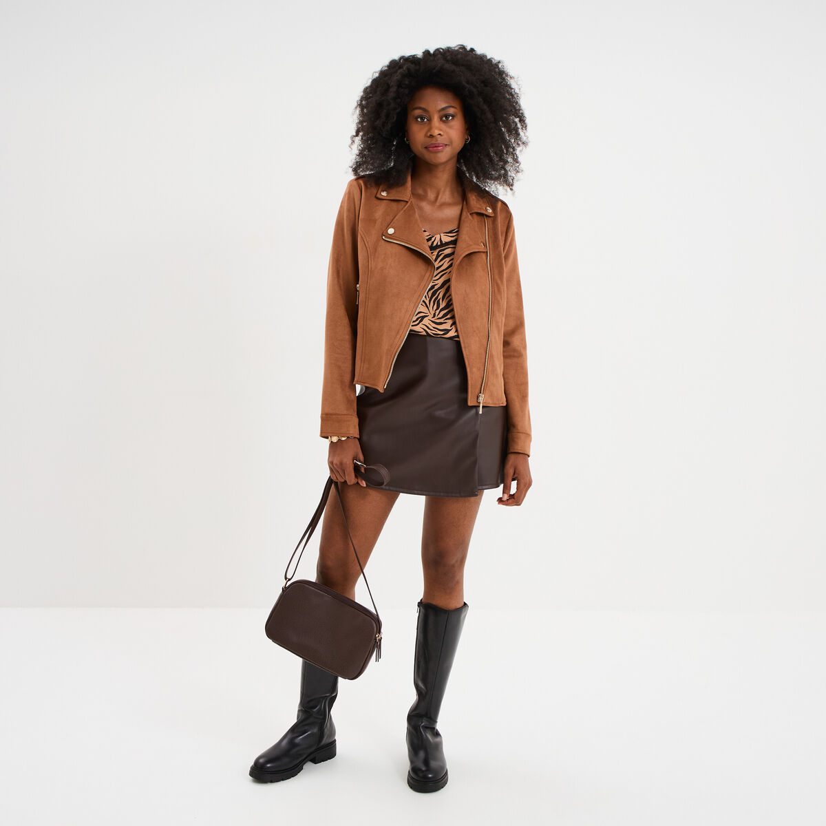 Veste courte esprit biker effet suédine marron clair femme
