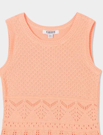 Débardeur tricot ajouré coton rose saumon fille