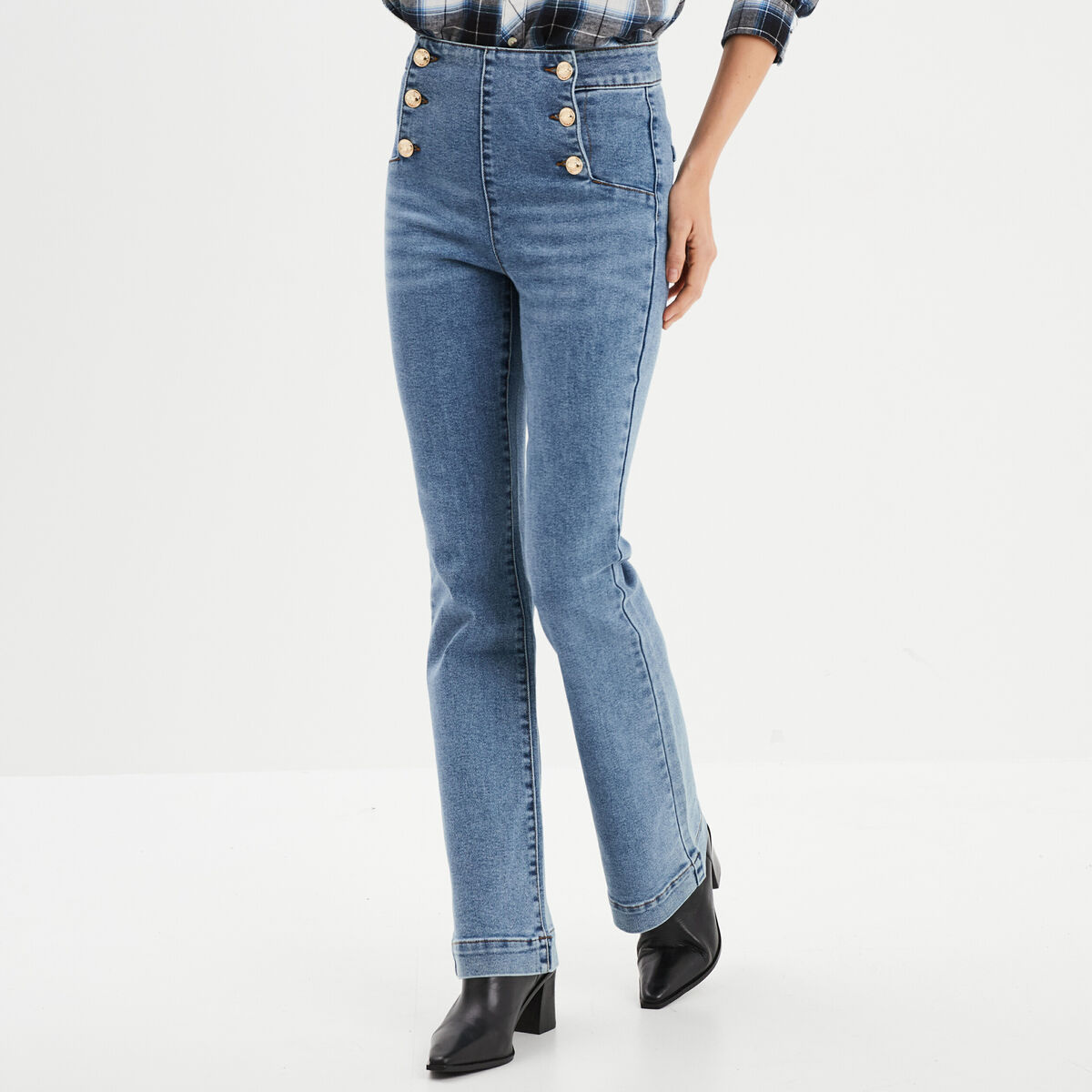 Jeans taille haute flare &agrave; ponts denim double stone femme