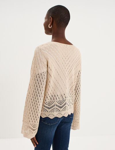 Pull ajour&eacute; col en V manches longues beige femme