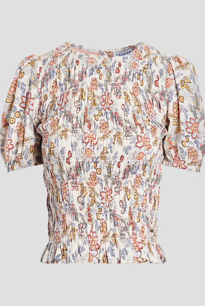 Blouse manches courtes smockée beige femme