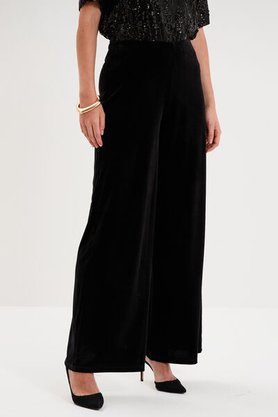 Pantalon large en velours taille haute noir femme