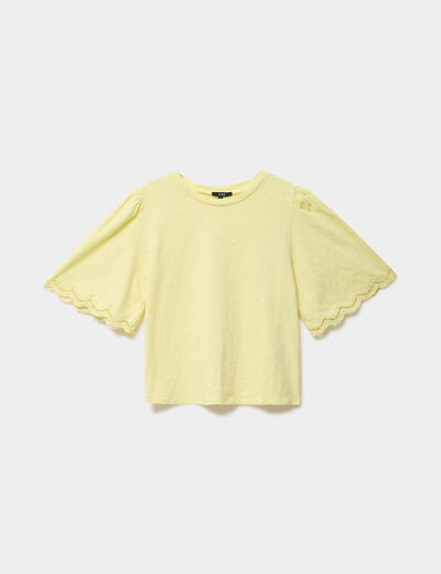 T-shirt brod&eacute; manches courtes coton jaune clair femme