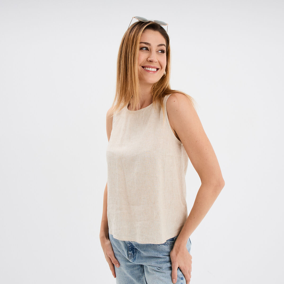 Blouse sans manches lin mélangé beige femme