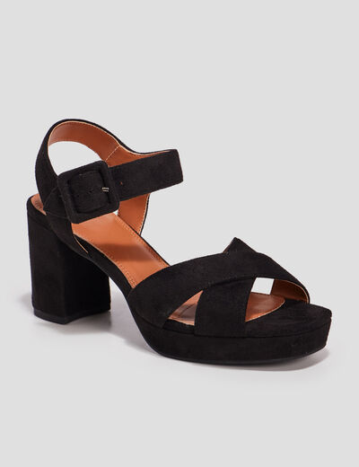 Sandales plateforme &agrave; talons en su&eacute;dine noir femme
